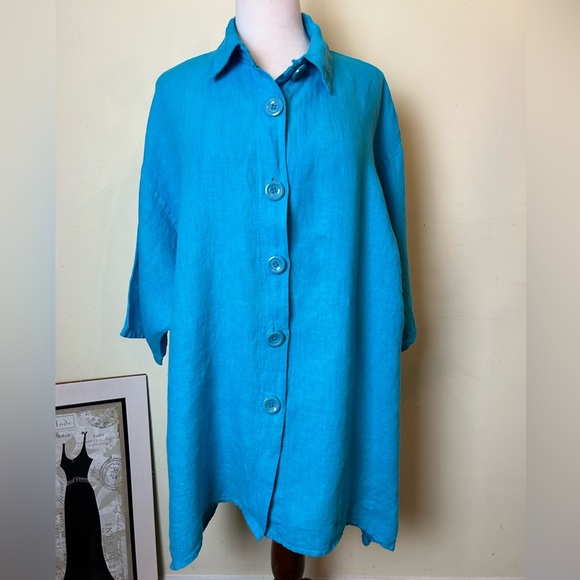 LaBass Tunic Top Women Size 2X Sky Blue Short Sleeves Buttons 100% Linen Italy - Picture 1 of 12